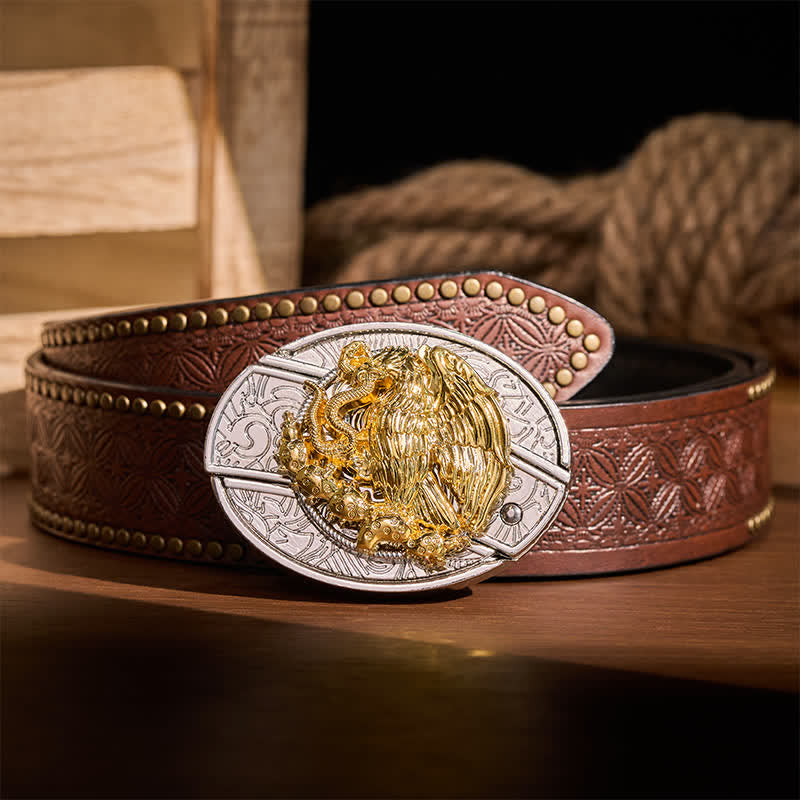 Coltello pieghevole nascosto fai-da-te Gold Eagle Serpent con fibbia argentata e cintura in pelle - Aquila e Serpente - Cintura con rivetti marroni - 42 - image 4