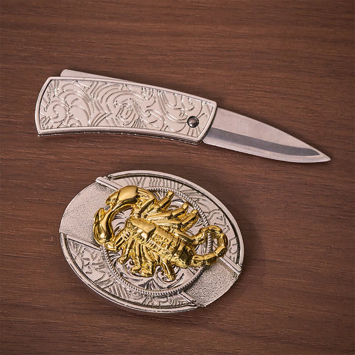 Cintura in pelle con fibbia a scomparsa a forma di scorpione gotico in argento e oro, fai da te, con coltello pieghevole integrato. - image 1