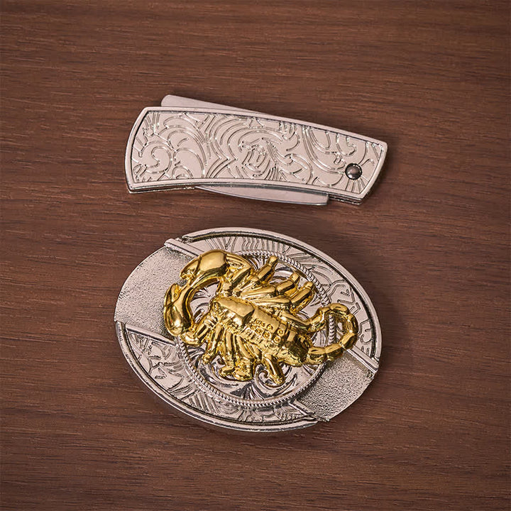 Cintura in pelle con fibbia a scomparsa a forma di scorpione gotico in argento e oro, fai da te, con coltello pieghevole integrato. - image 10