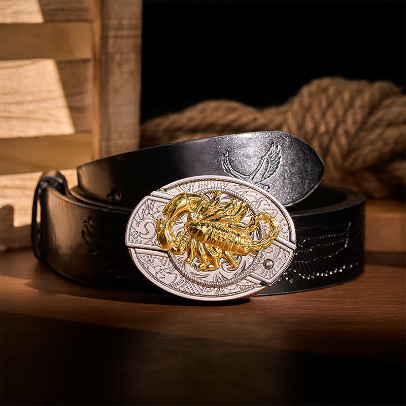 Cintura in pelle con fibbia a scomparsa a forma di scorpione gotico in argento e oro, fai da te, con coltello pieghevole integrato. - Scorpion - Cintura nera con aquila in rilievo - 42 - image 2