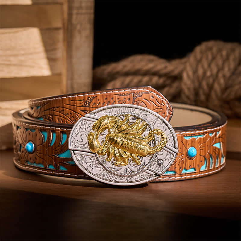 Cintura in pelle con fibbia a scomparsa a forma di scorpione gotico in argento e oro, fai da te, con coltello pieghevole integrato. - Scorpion - Cintura turchese intagliata - 42 - image 3