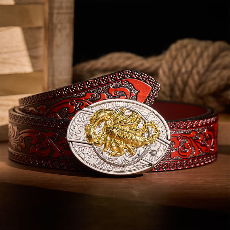 Cintura in pelle con fibbia a scomparsa a forma di scorpione gotico in argento e oro, fai da te, con coltello pieghevole integrato. - Scorpion - Cintura intagliata marrone - 42 - image 6