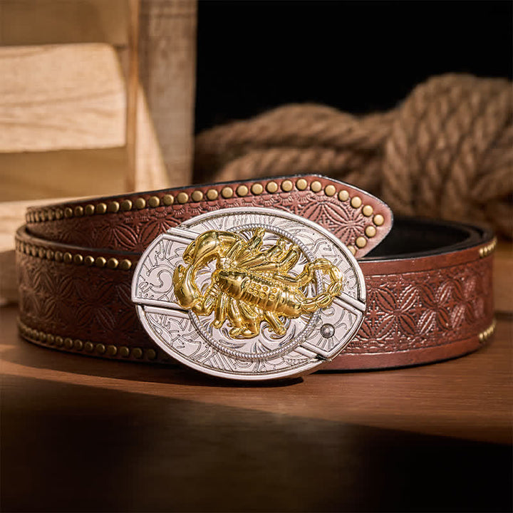 Cintura in pelle con fibbia a scomparsa a forma di scorpione gotico in argento e oro, fai da te, con coltello pieghevole integrato. - Scorpion - Cintura con rivetti marroni - 42 - image 4