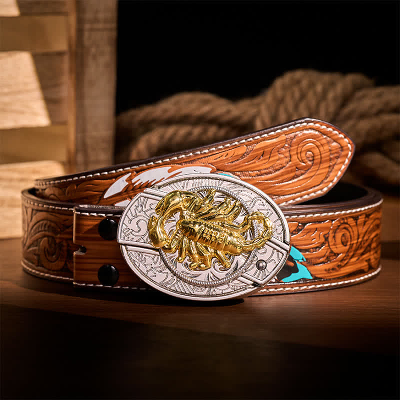 Cintura in pelle con fibbia a scomparsa a forma di scorpione gotico in argento e oro, fai da te, con coltello pieghevole integrato. - Scorpion - Cintura di piume marroni - 40 - image 7