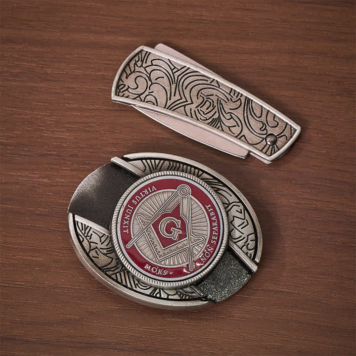 Fibbia per cintura in pelle con coltello a scomparsa fai-da-te e simbolo massonico in smalto rosso. - image 10
