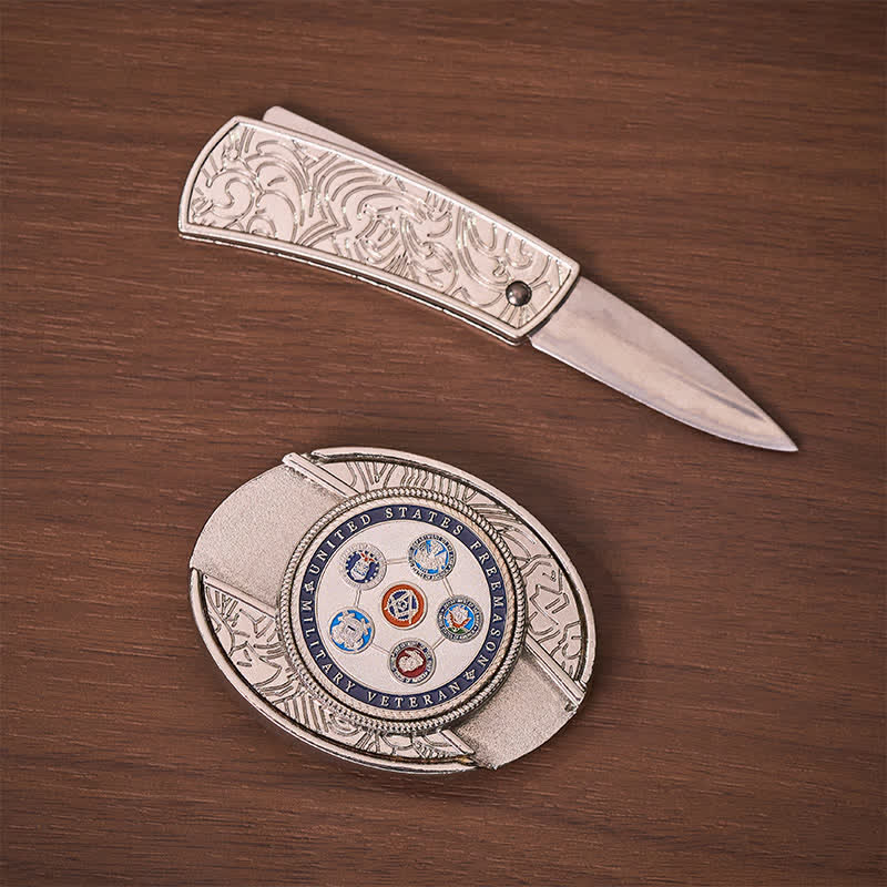 Cintura in pelle con fibbia a coltello pieghevole nascosta, realizzata da un veterano militare statunitense e massone. - image 1