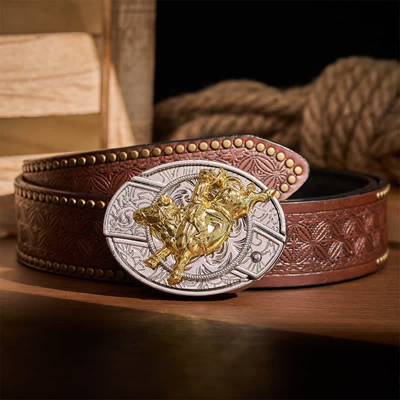 Cintura in pelle con fibbia a coltello pieghevole nascosto, audace, argento e oro, stile Bronc Rider DIY. - Cavaliere di cavalli selvaggi - Cintura con rivetti marroni - 42 - image 4