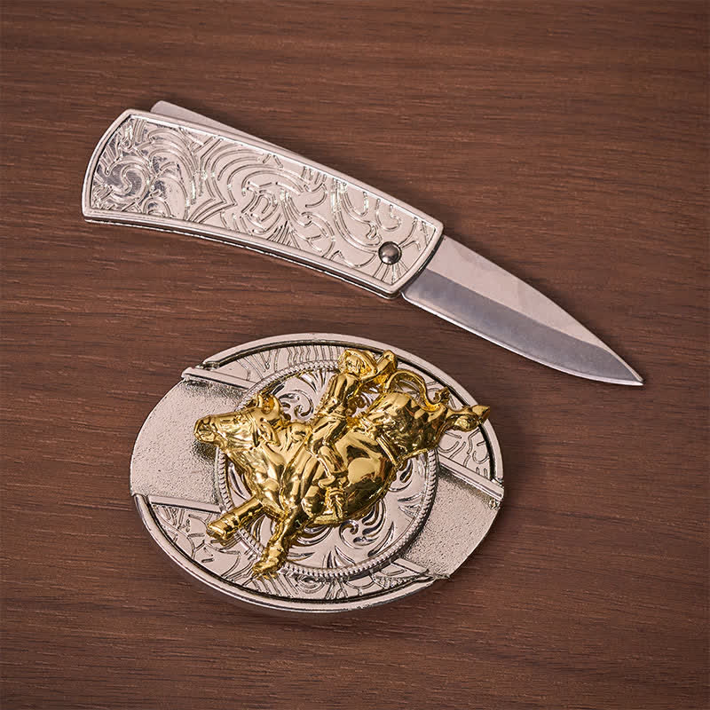 Cintura in pelle con fibbia a coltello pieghevole nascosto, audace, argento e oro, stile Bronc Rider DIY. - image 1