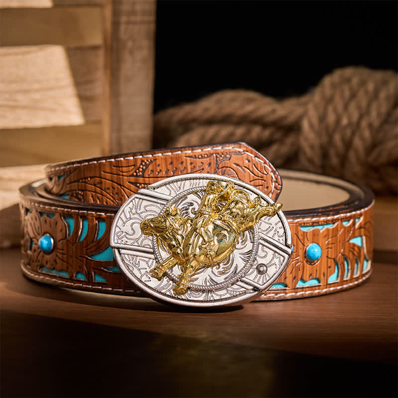 Cintura in pelle con fibbia a coltello pieghevole nascosto, audace, argento e oro, stile Bronc Rider DIY. - Cavaliere di cavalli selvaggi - Cintura turchese intagliata - 42 - image 3