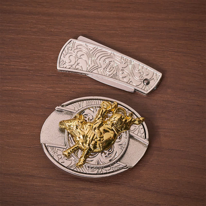 Cintura in pelle con fibbia a coltello pieghevole nascosto, audace, argento e oro, stile Bronc Rider DIY. - image 10