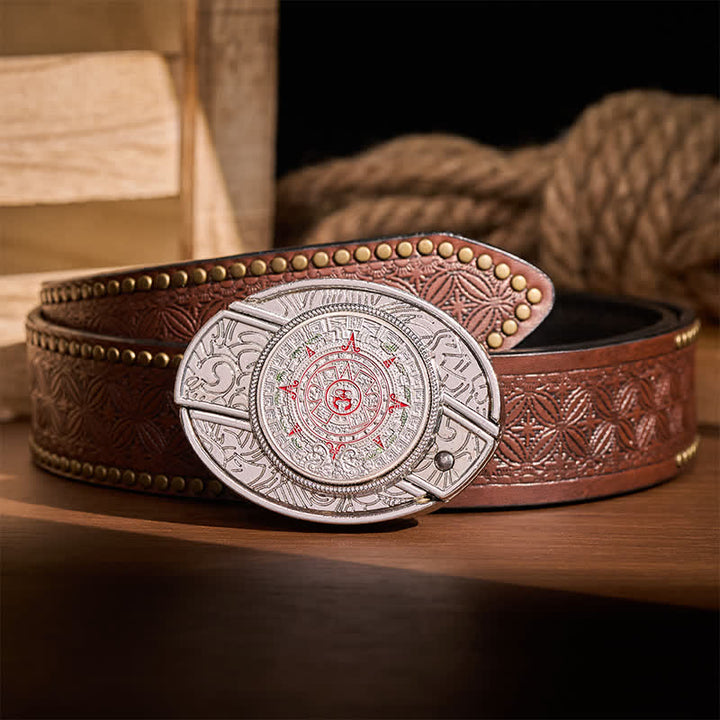 Cintura in pelle con fibbia a coltello pieghevole nascosta in stile calendario azteco-maya - Calendario azteco-maya - Cintura con rivetti marroni - 42 - image 4