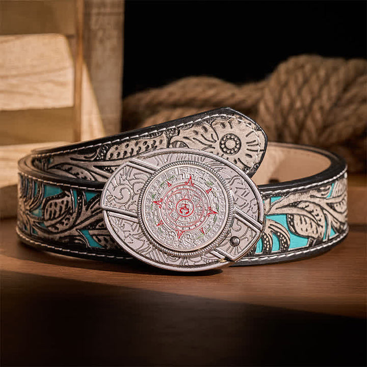 Cintura in pelle con fibbia a coltello pieghevole nascosta in stile calendario azteco-maya - Calendario azteco-maya - Cintura grigia a fiori - 42 - image 8