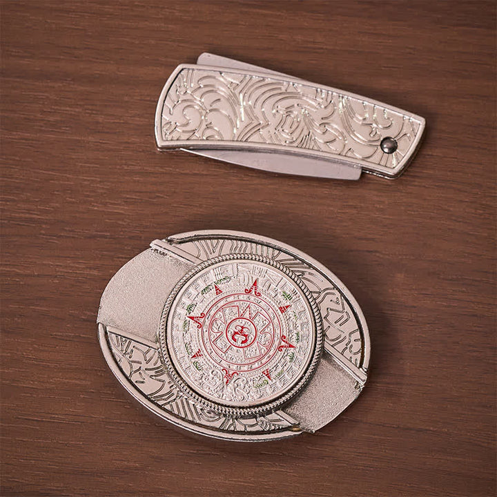 Cintura in pelle con fibbia a coltello pieghevole nascosta in stile calendario azteco-maya - image 10