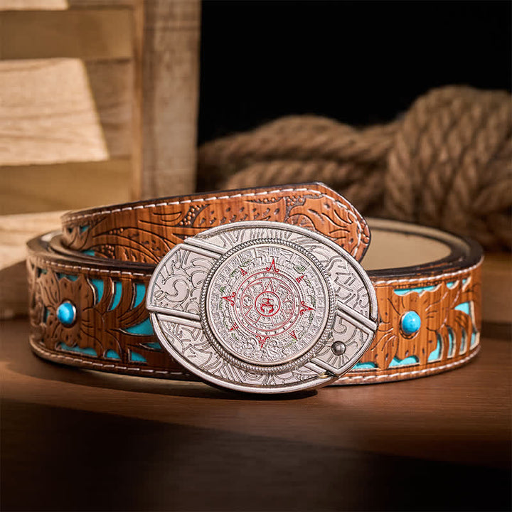 Cintura in pelle con fibbia a coltello pieghevole nascosta in stile calendario azteco-maya - Calendario azteco-maya - Cintura turchese intagliata - 42 - image 3