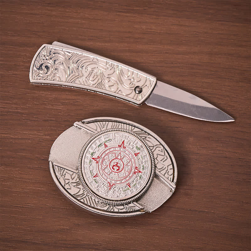 Cintura in pelle con fibbia a coltello pieghevole nascosta in stile calendario azteco-maya - image 1