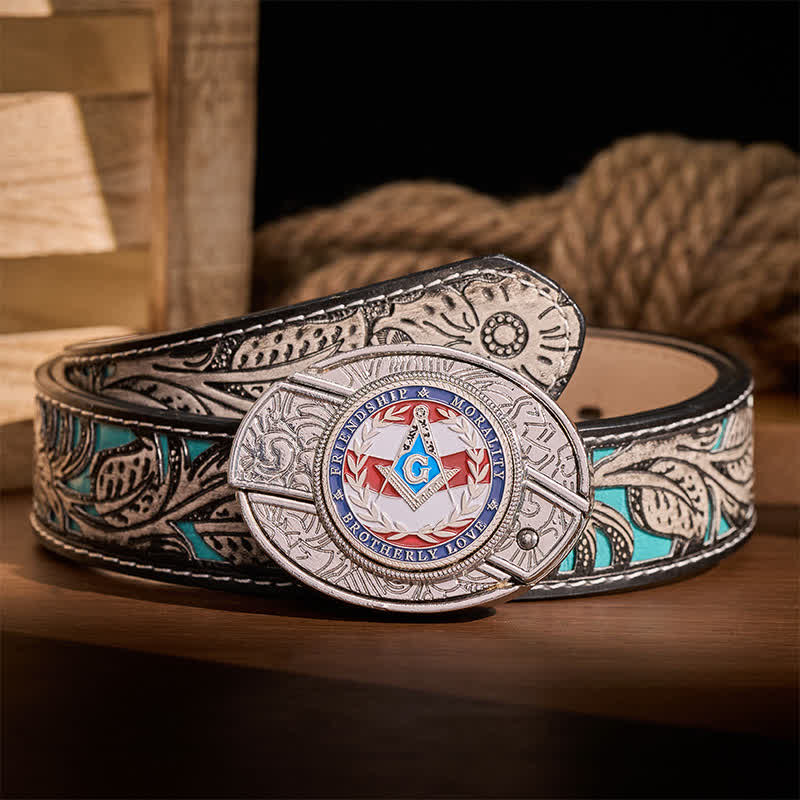 Simbolo massonico dell'amore fraterno - Fibbia per cintura in pelle con coltello a scomparsa fai-da-te - Argento - Cintura grigia a fiori - 42 - image 8