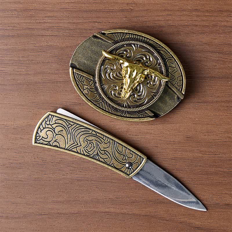 Cintura in pelle con fibbia a coltello pieghevole nascosto fai-da-te a forma di toro bicolore oro e bronzo. - image 1