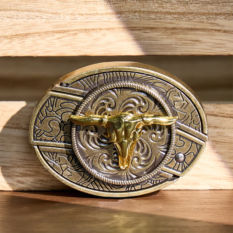 Cintura in pelle con fibbia a coltello pieghevole nascosto fai-da-te a forma di toro bicolore oro e bronzo. - Testa di toro - Senza cintura - Cintura non inclusa - image 0