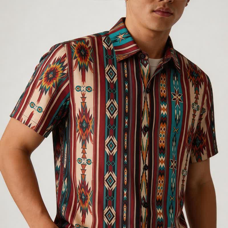 Camicia western da uomo color terracotta con stampa a righe azteche - image 2