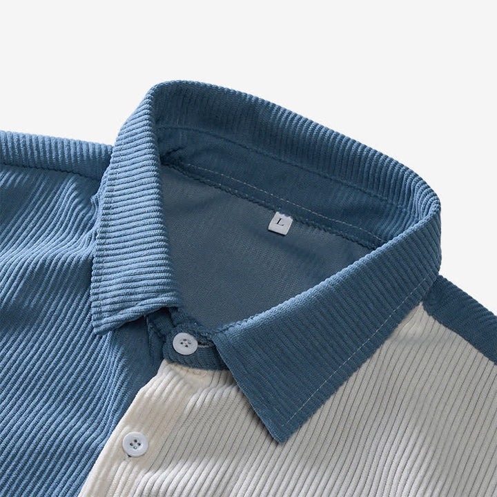 Camicia da uomo in velluto a coste blu e bianca con blocchi di colore. - image 4