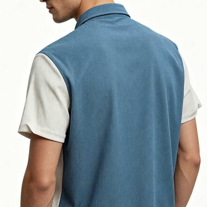 Camicia da uomo in velluto a coste blu e bianca con blocchi di colore. - image 2