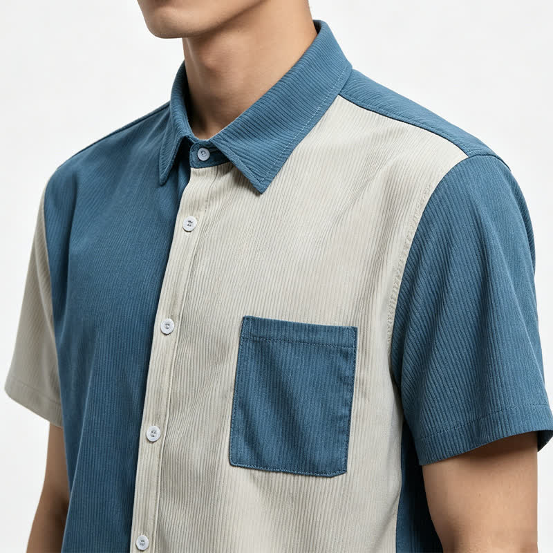 Camicia da uomo in velluto a coste blu e bianca con blocchi di colore. - image 3