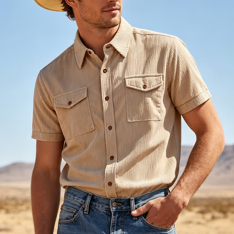 Camicia da lavoro da uomo in velluto a coste con due tasche sul petto, tinta unita. - Beige - 3XL - image 0