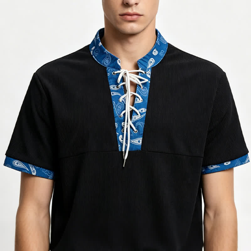 Camicia da uomo in velluto a coste con lacci e finiture a fantasia paisley in stile urbano - image 1