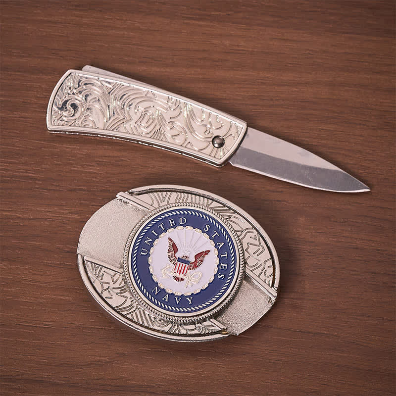 Cintura in pelle con fibbia a scomparsa fai-da-te con coltello pieghevole e stemma dell'aquila e dell'ancora della Marina degli Stati Uniti. - image 1