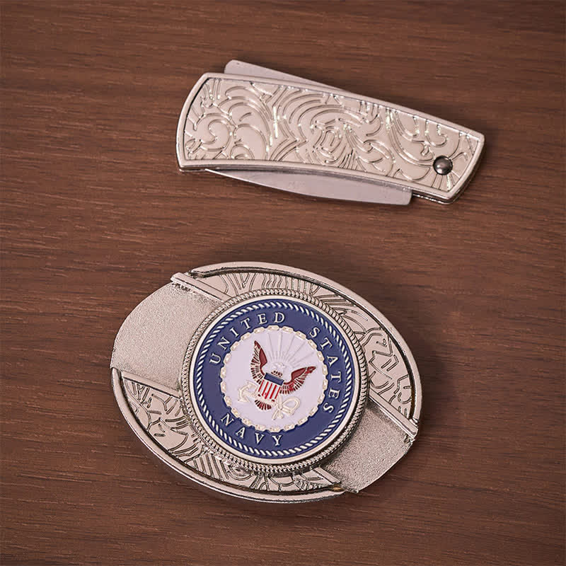 Cintura in pelle con fibbia a scomparsa fai-da-te con coltello pieghevole e stemma dell'aquila e dell'ancora della Marina degli Stati Uniti. - image 10