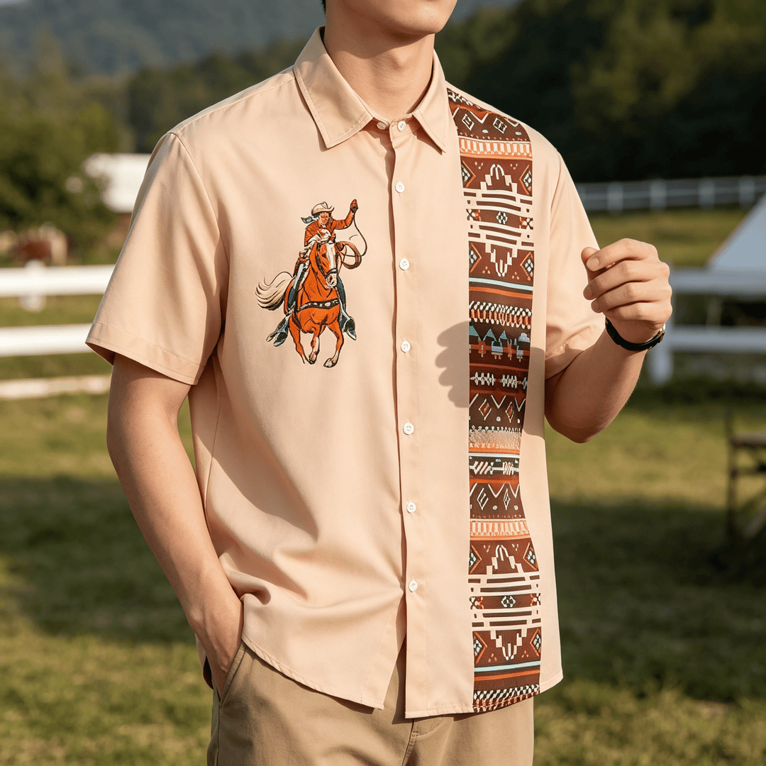 Camicia da uomo a maniche corte casual con stampa vintage da cowboy con lazo - Rosa - 5XL - image 0