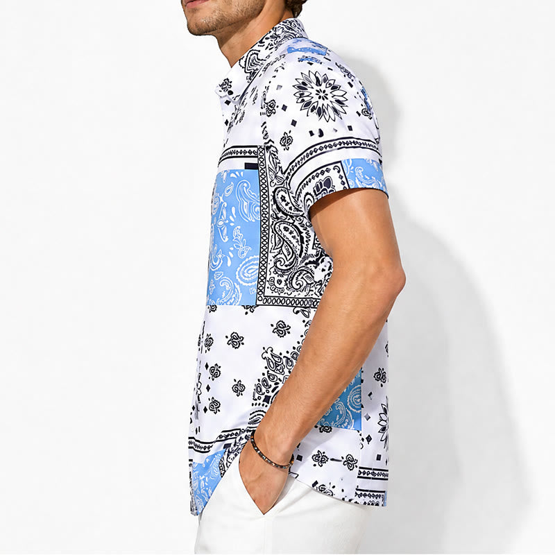 Camicia a bandana blu e bianca con stampa paisley patchwork - image 2
