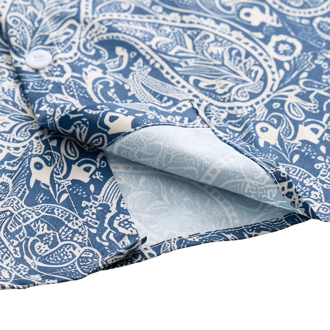 Camicia a maniche corte blu navy e beige con stampa paisley, dallo stile casual. - image 6