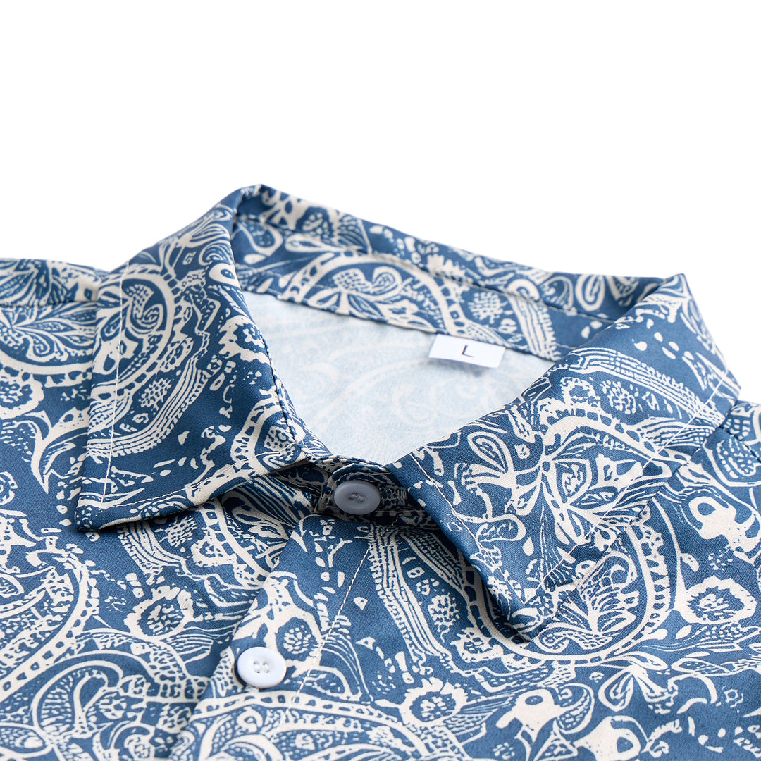Camicia a maniche corte blu navy e beige con stampa paisley, dallo stile casual. - image 4