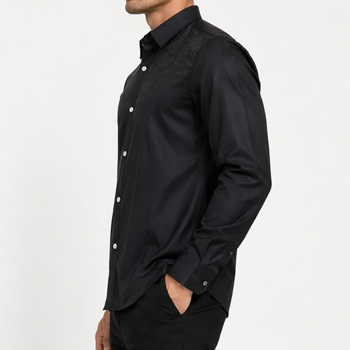 Camicia elegante da uomo nera con stampa floreale e carré in stile western - image 2