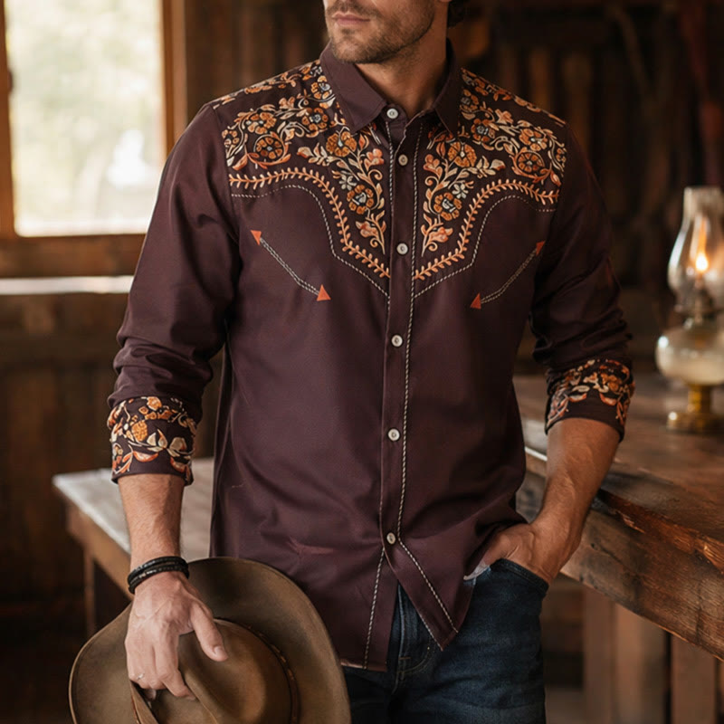 Camicia elegante da uomo in stile western con carré e stampa floreale marrone - Marrone - 6XL - image 0
