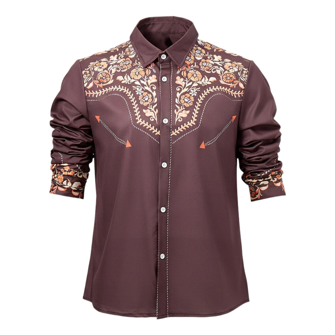Camicia elegante da uomo in stile western con carré e stampa floreale marrone - image 8