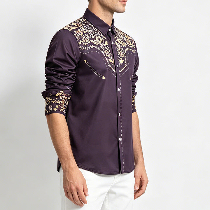 Camicia elegante da uomo Rodeo Tradition con stampa floreale nera e oro - image 2