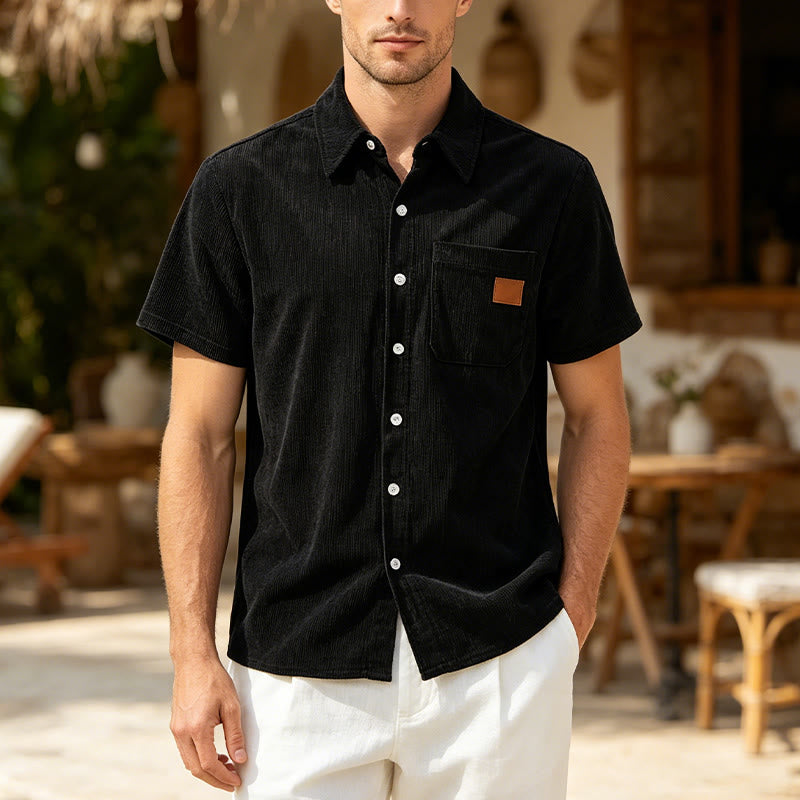 Camicia da uomo in velluto a coste stile retrò da lavoro con taschino con etichetta in pelle - Nero - 4XL - image 5