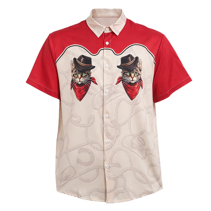 Camicia da uomo in stile western rossa e beige con stampa di un simpatico gatto cowboy. - image 4