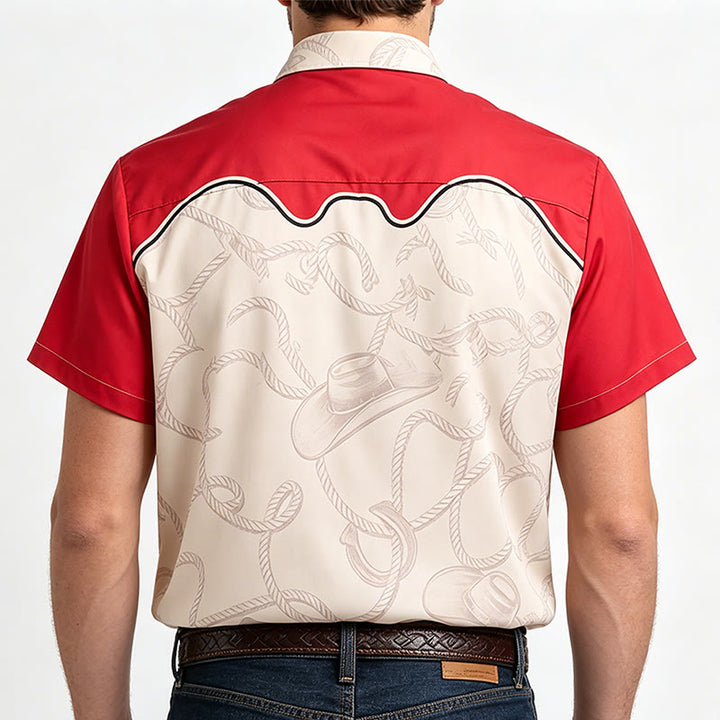 Camicia da uomo in stile western rossa e beige con stampa di un simpatico gatto cowboy. - image 3