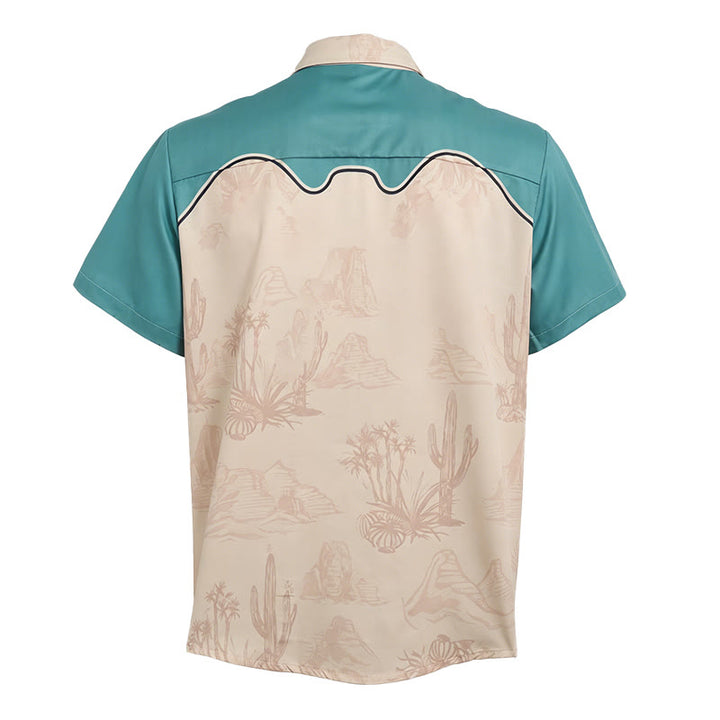 Camicia da uomo color verde acqua e beige con stampa di gatto da cowboy del deserto western - image 5