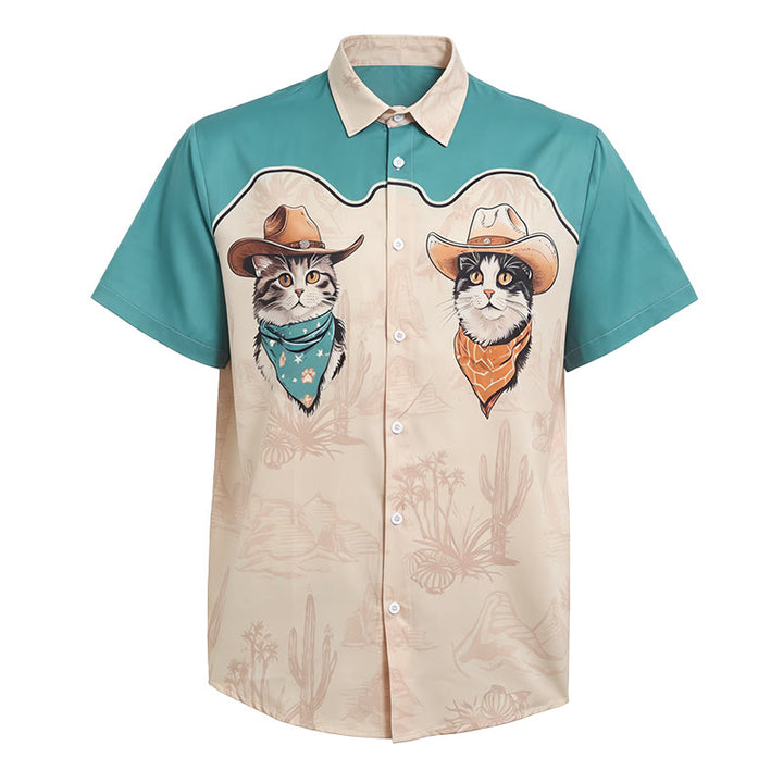 Camicia da uomo color verde acqua e beige con stampa di gatto da cowboy del deserto western - image 4