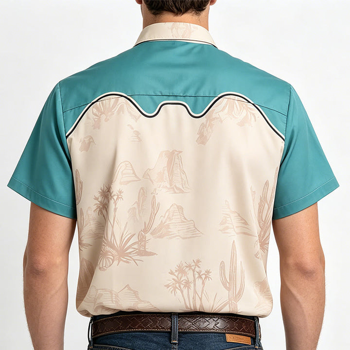 Camicia da uomo color verde acqua e beige con stampa di gatto da cowboy del deserto western - image 3