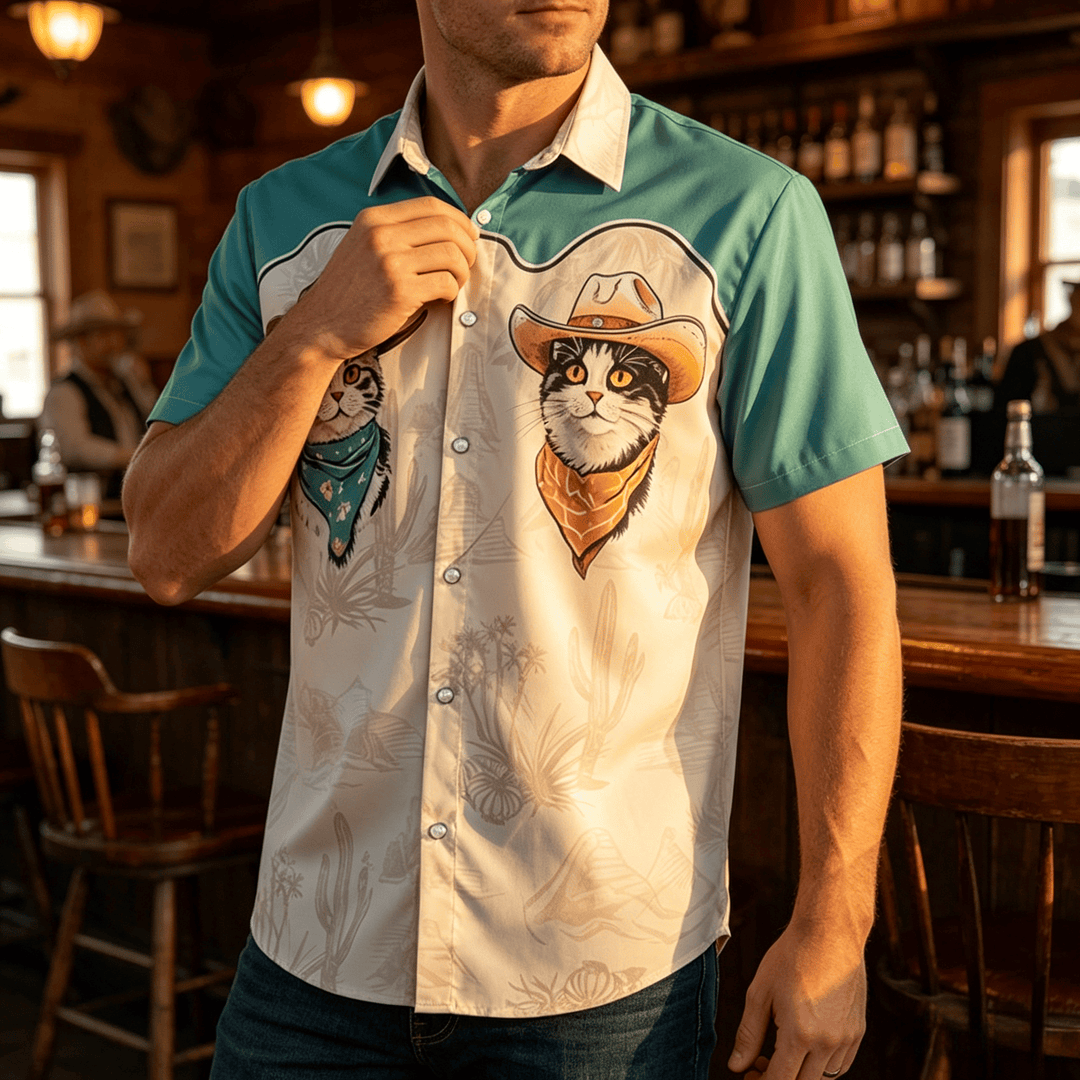 Camicia da uomo color verde acqua e beige con stampa di gatto da cowboy del deserto western - Verde acqua e beige - 5XL - image 0