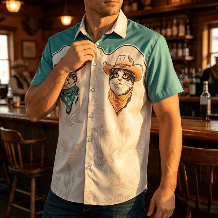 Camicia da uomo color verde acqua e beige con stampa di gatto da cowboy del deserto western - Verde acqua e beige - 5XL - image 0