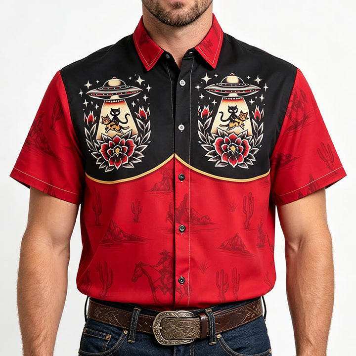 Camicia da uomo Weirdcore con stampa a tema gatto alieno e western. - Rosso e nero - 5XL - image 1