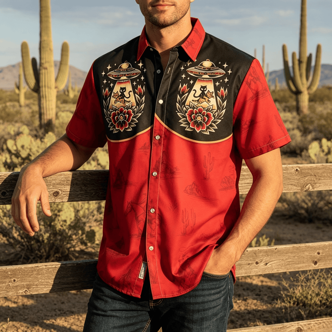 Camicia da uomo Weirdcore con stampa a tema gatto alieno e western. - image 0