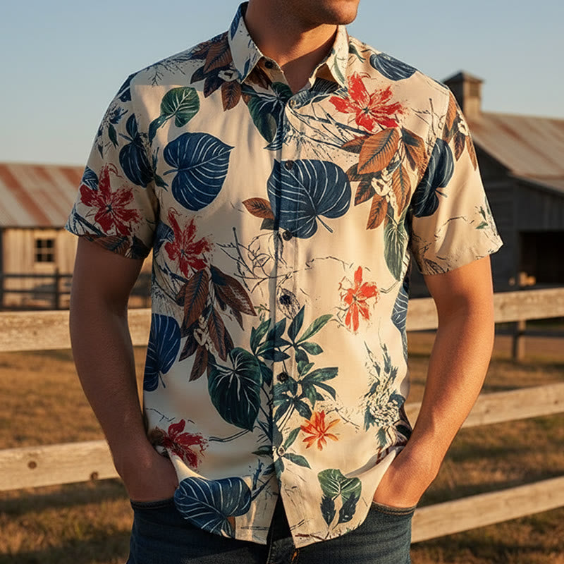 Camicia da uomo color crema con stampa botanica e tema tropicale. - Crema - 5XL - image 0