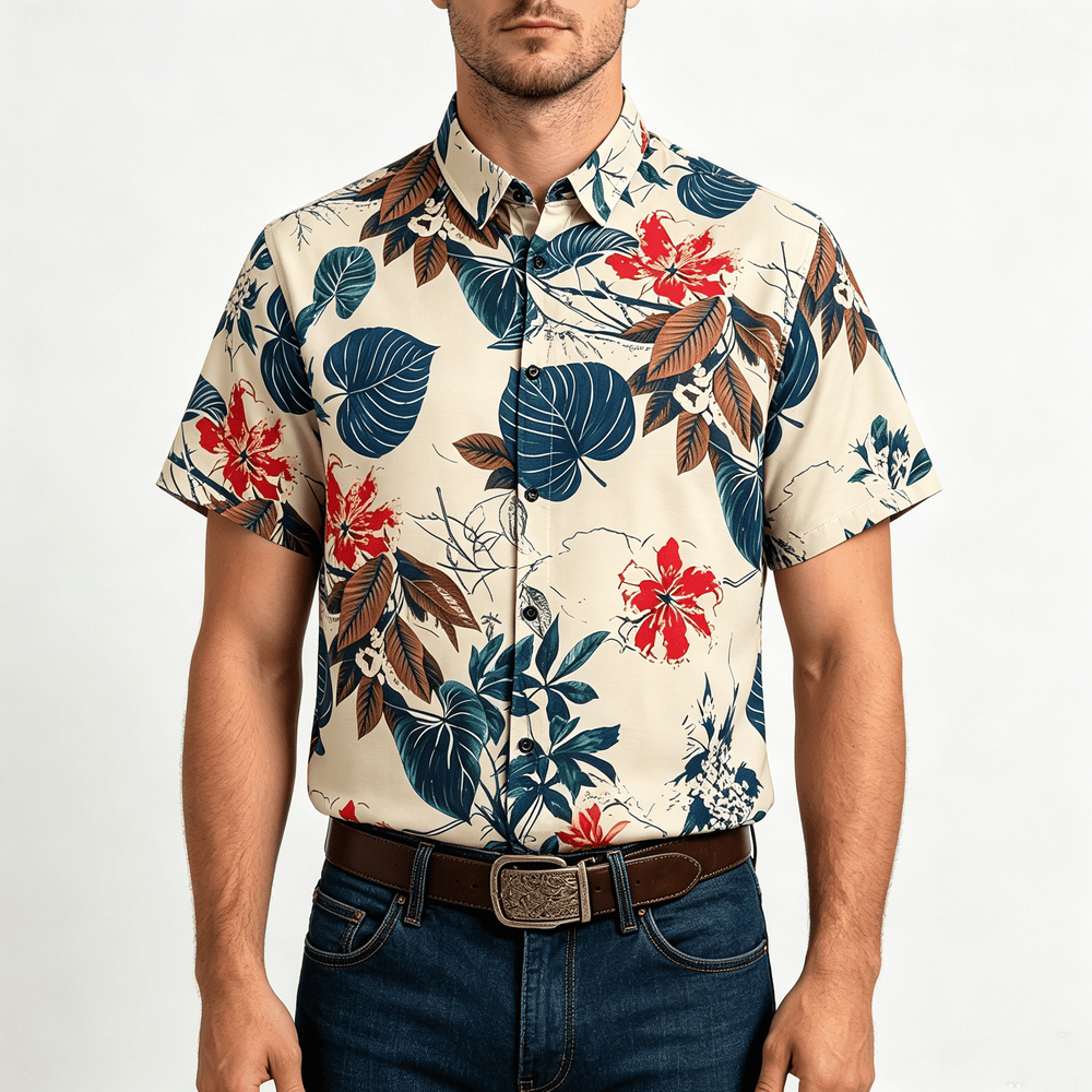 Camicia da uomo color crema con stampa botanica e tema tropicale. - image 1